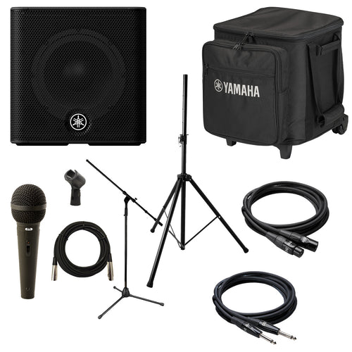 Collage image of the Yamaha STAGEPAS200BTR 8" Battery Powered PA with 5 Channel Mixer COMPLETE STAGE BUNDLE