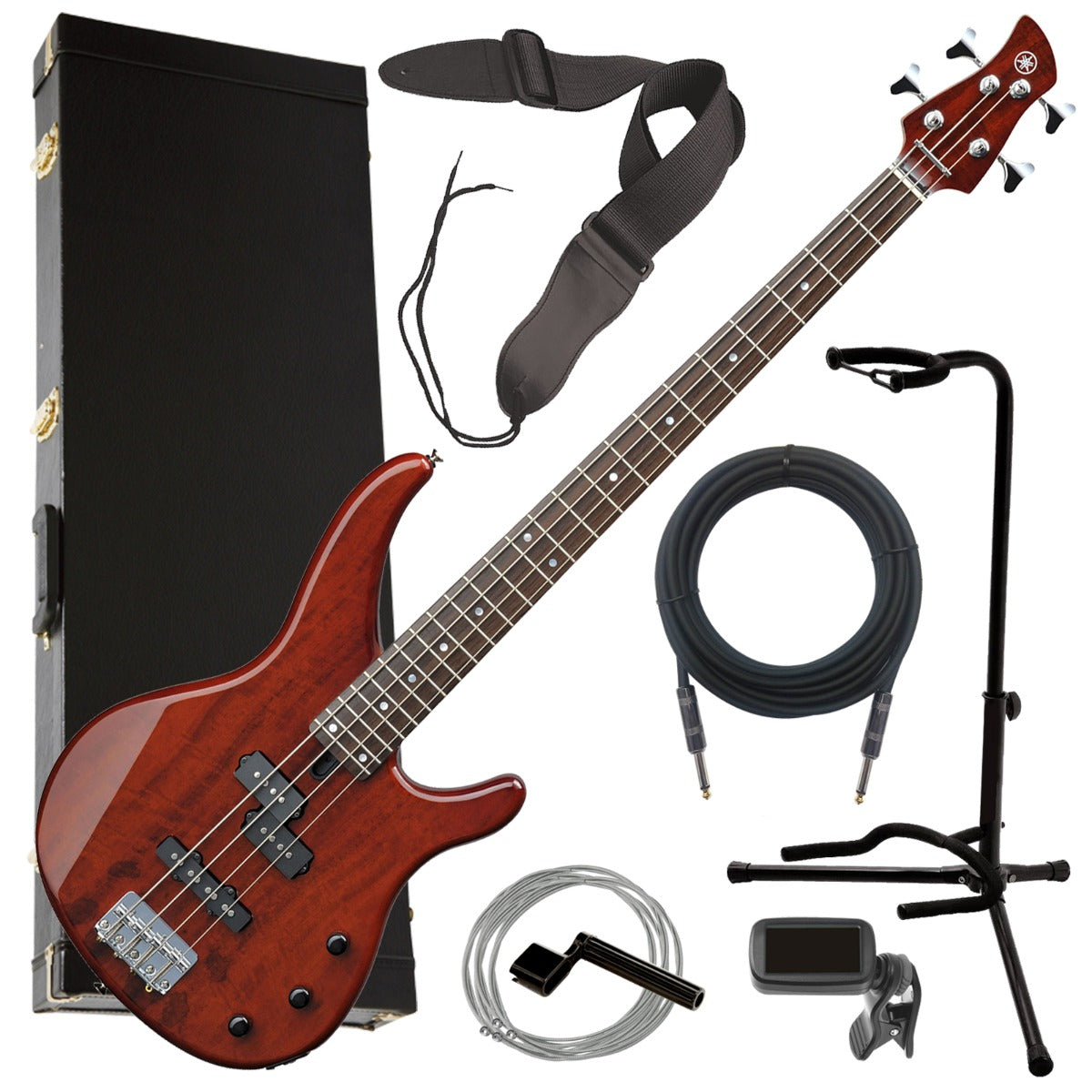 Collage image of the Yamaha TRBX174EW 4-string Bass Guitar - Root Beer COMPLETE BASS BUNDLE
