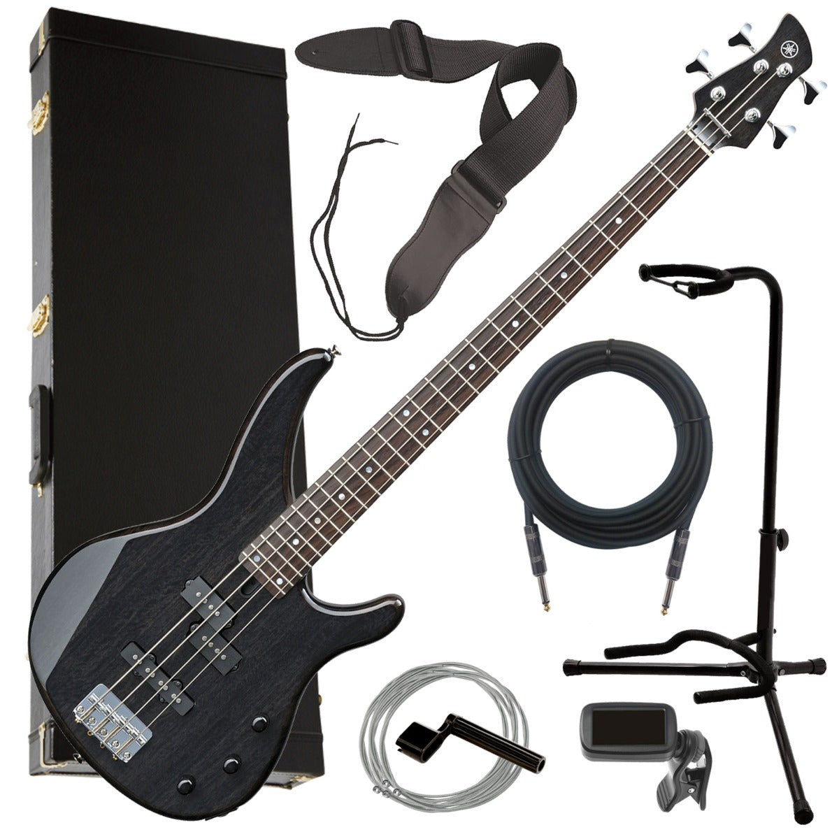 Collage image of the Yamaha TRBX174EW 4-string Bass Guitar - Trans Black COMPLETE BASS BUNDLE