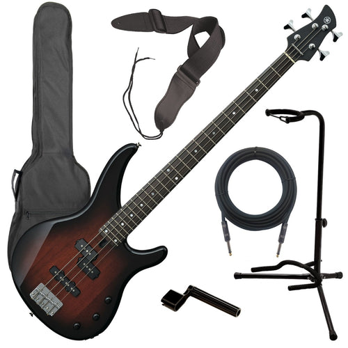Collage image of the Yamaha TRBX174 Electric Bass Guitar - Old Violin Sunburst BASS ESSENTIALS BUNDLE