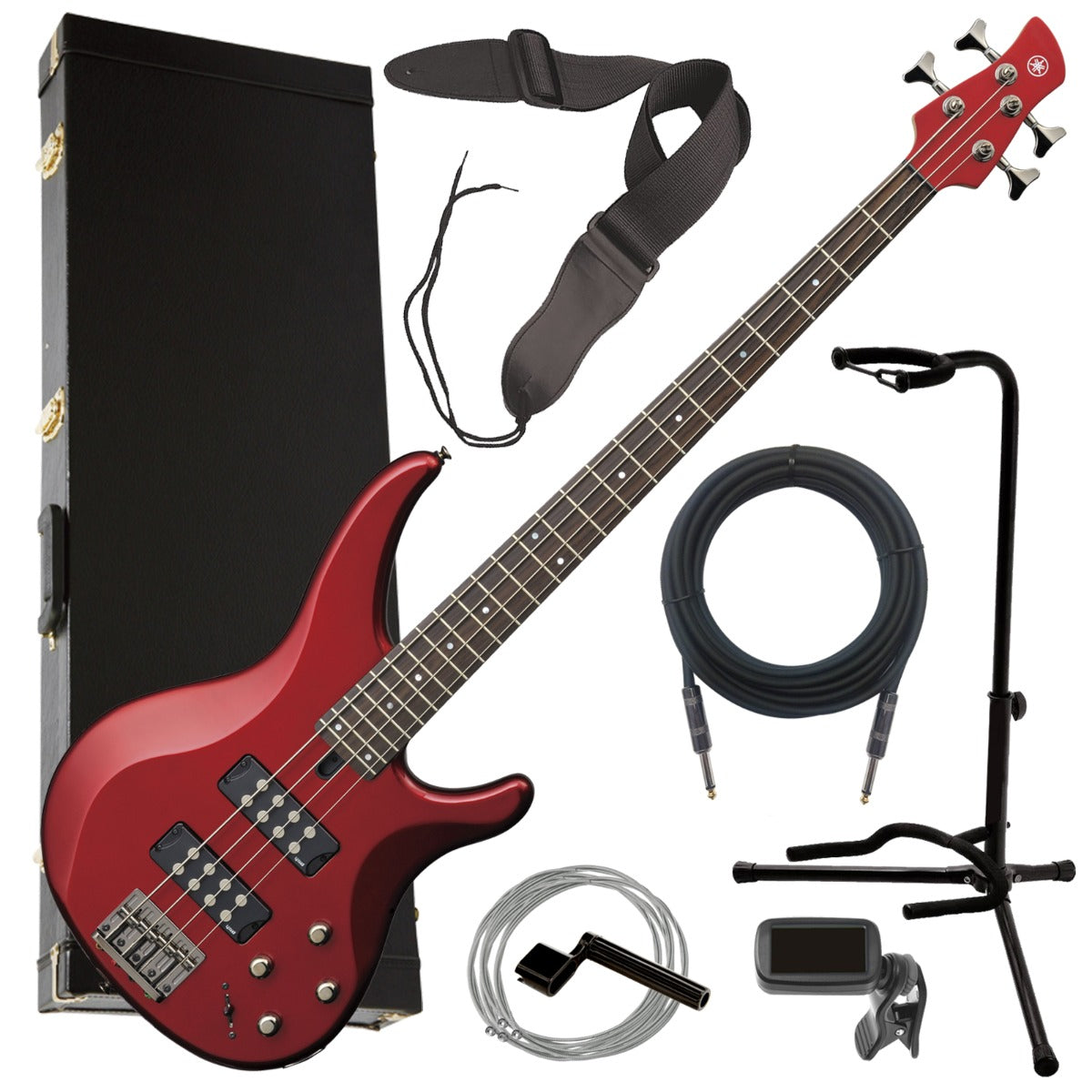 Collage image of the Yamaha TRBX304 4-String Bass Guitar - Candy Apple Red COMPLETE BASS BUNDLE