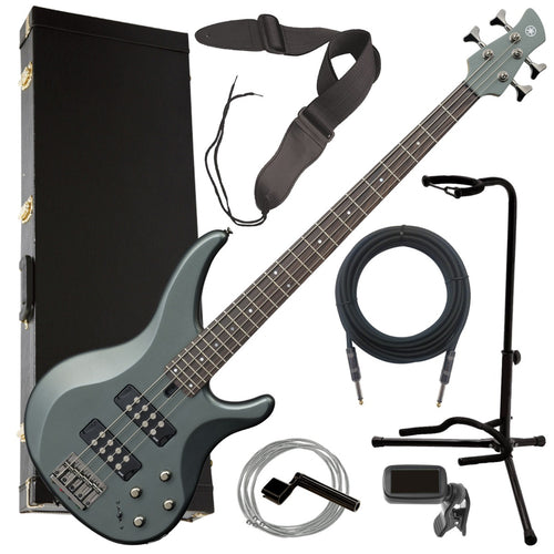 Collage image of the Yamaha TRBX304 4-String Electric Bass Guitar - Mist Green COMPLETE BASS BUNDLE