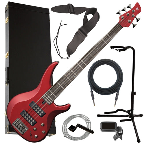 Collage image of the Yamaha TRBX305 5-String Bass Guitar - Candy Apple Red COMPLETE BASS BUNDLE