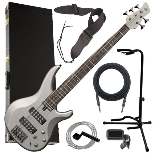 Collage image of the Yamaha TRBX305 5-String Electric Bass Guitar - Pewter COMPLETE BASS BUNDLE