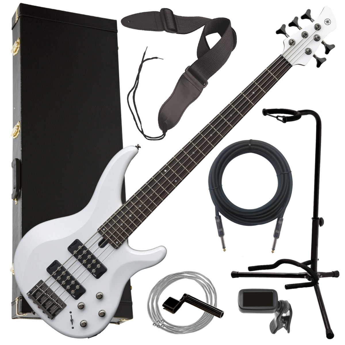 Collage image of the Yamaha TRBX305 5-String Electric Bass Guitar - White COMPLETE BASS BUNDLE