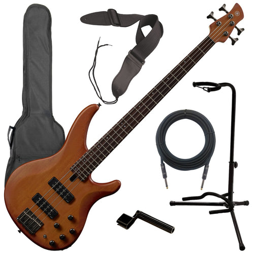 Collage image of the Yamaha TRBX504 4-String Electric Bass Guitar - Brick Burst BASS ESSENTIALS BUNDLE