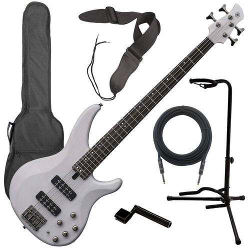 Collage image of the Yamaha TRBX504 4-String Bass Guitar - Translucent White BASS ESSENTIALS BUNDLE
