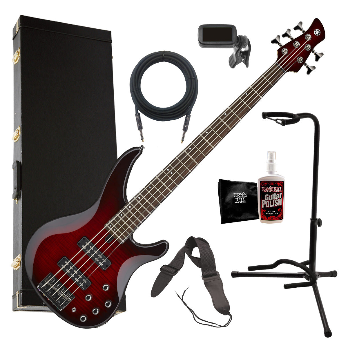 Yamaha TRBX605FM 5-String Electric Bass Guitar - Red Burst COMPLETE BASS BUNDLE