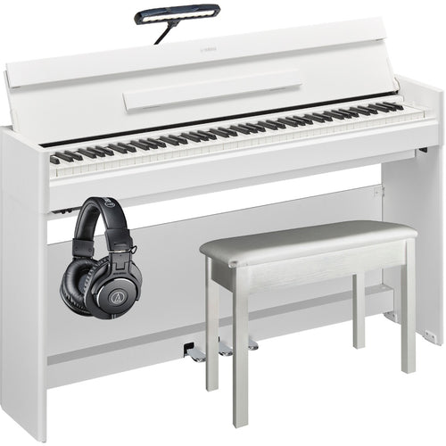 Collage of the components in the Yamaha Arius YDP-S55 Digital Piano - White COMPLETE HOME BUNDLE