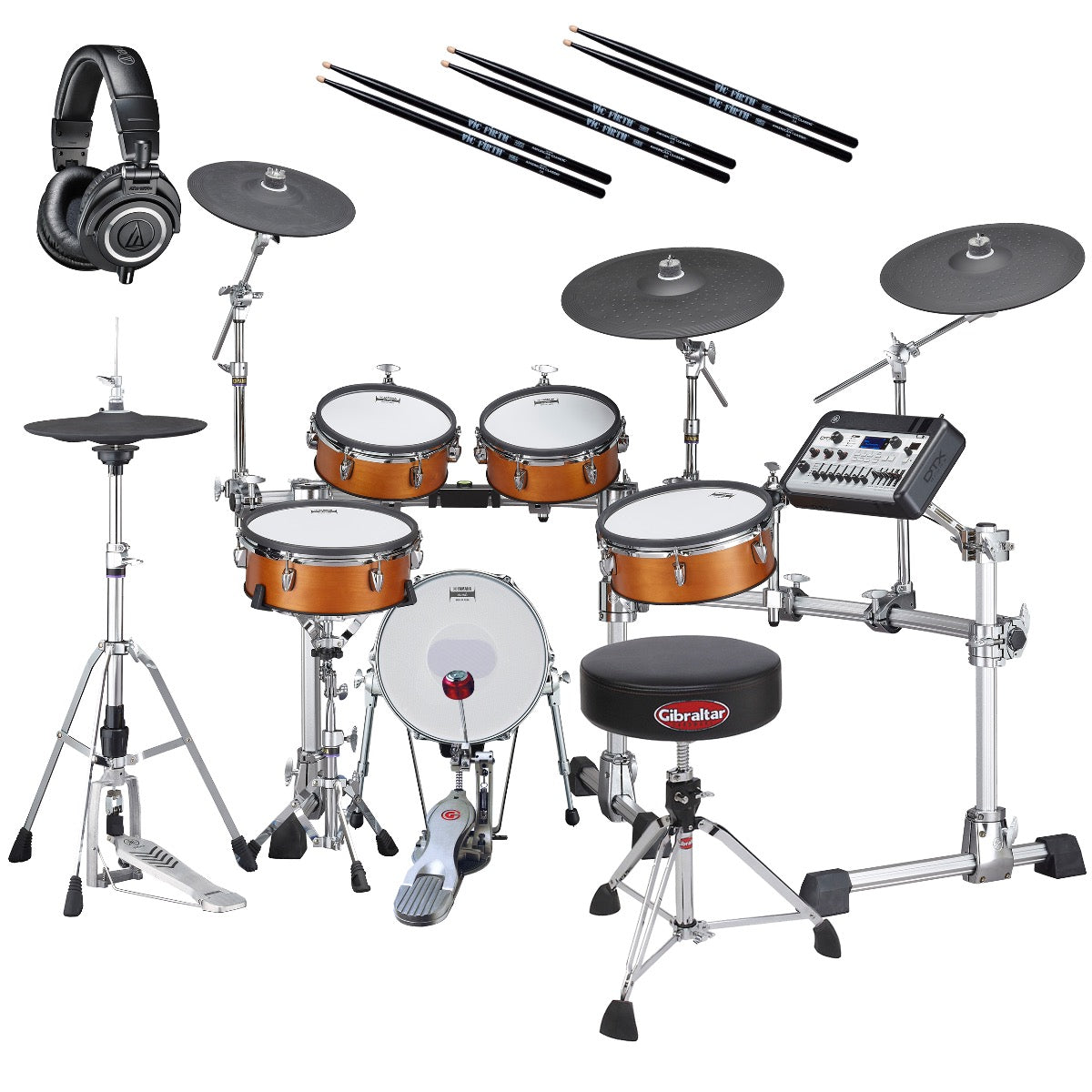 Collage image of the Yamaha DTX10K-M RW Electronic Drum Set - Real Wood DRUM ESSENTIALS BUNDLE