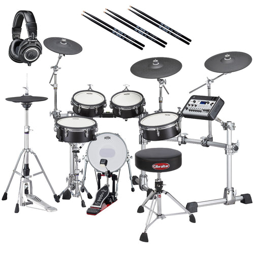 Collage image of the Yamaha DTX10K-X BF Electronic Drum Set - Black Forest DRUM ESSENTIALS BUNDLE