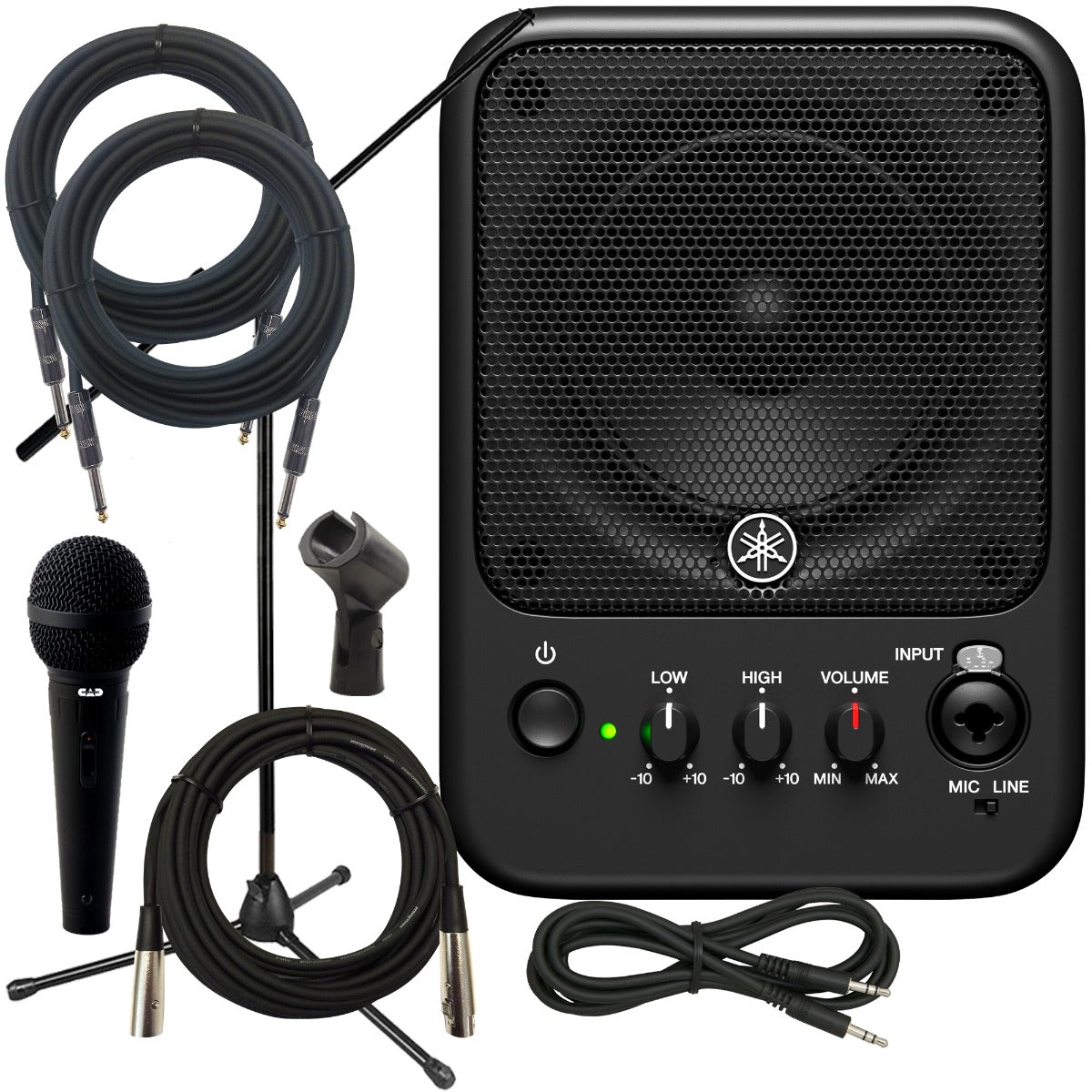 Collage of the components in the Yamaha MS101-4 Powered Monitor Speaker PERFORMER PAK bundle