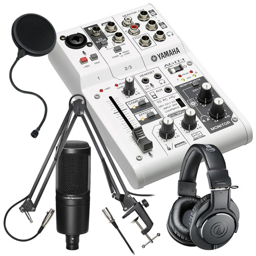 Collage image of the Yamaha AG03 Three Channel Mixer and USB Audio Interface PODCASTING PAK