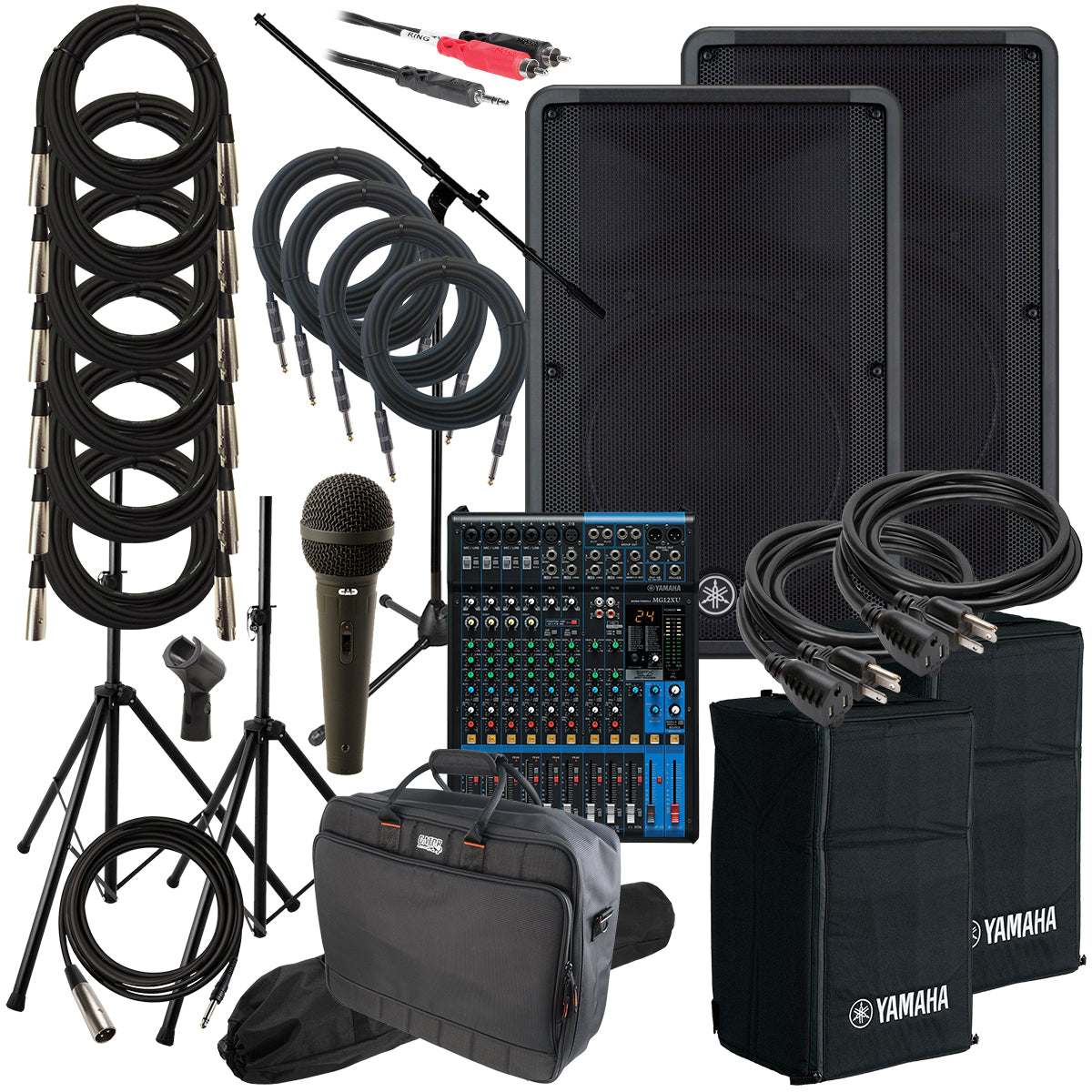 Collage of the components in the Yamaha DBR15 Powered PA Speaker COMPLETE AUDIO BUNDLE