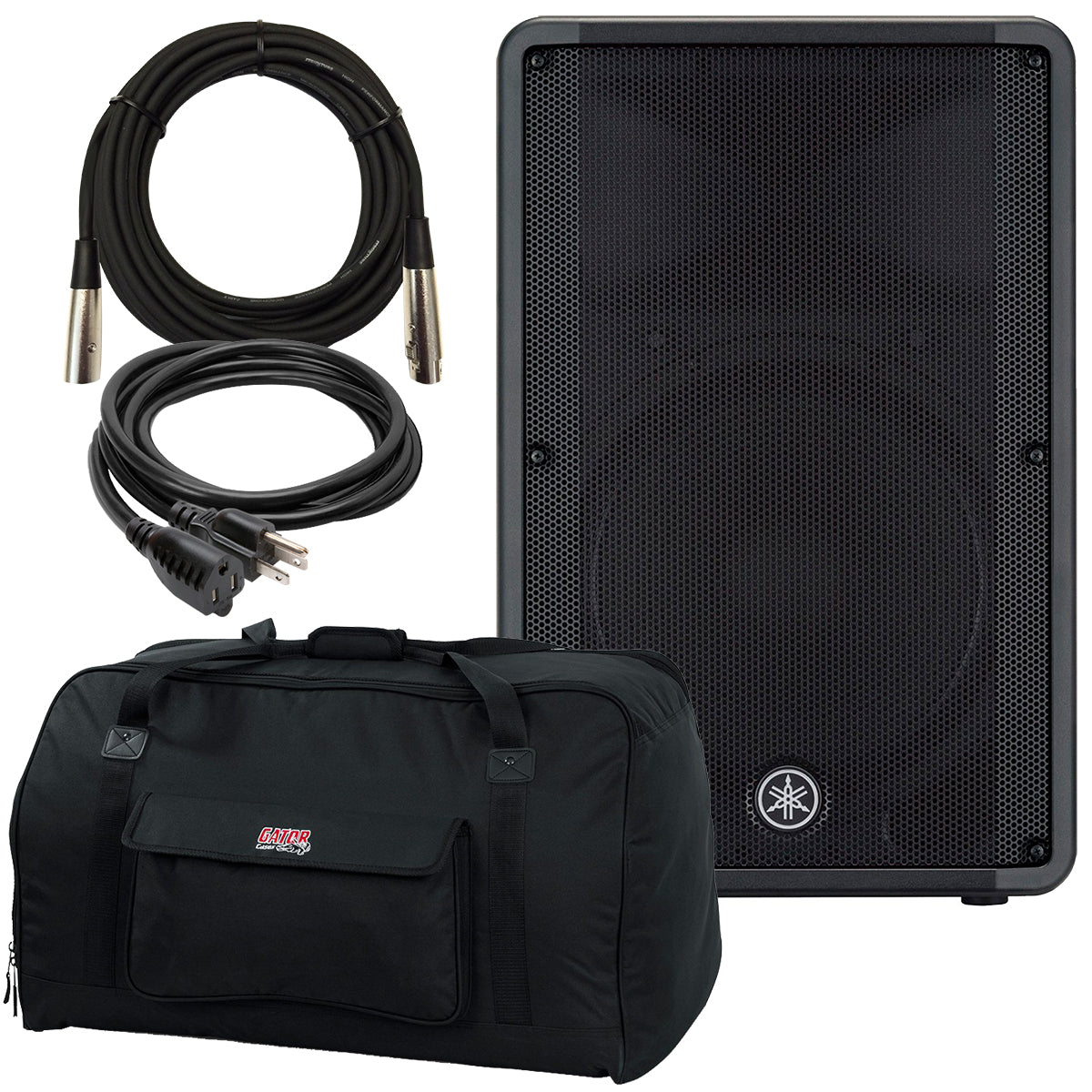 Collage of the components in the Yamaha DBR15 Powered PA Speaker PERFORMER PAK bundle