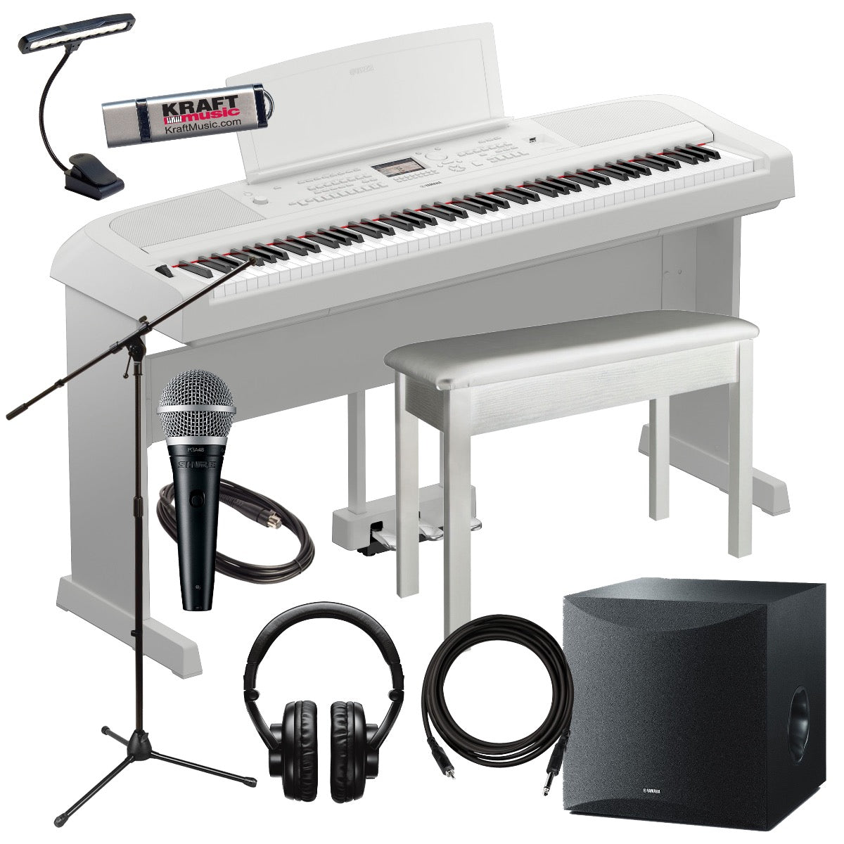 Collage image of the Yamaha DGX-670 Portable Grand Digital Piano - White COMPLETE HOME BUNDLE PLUS bundle