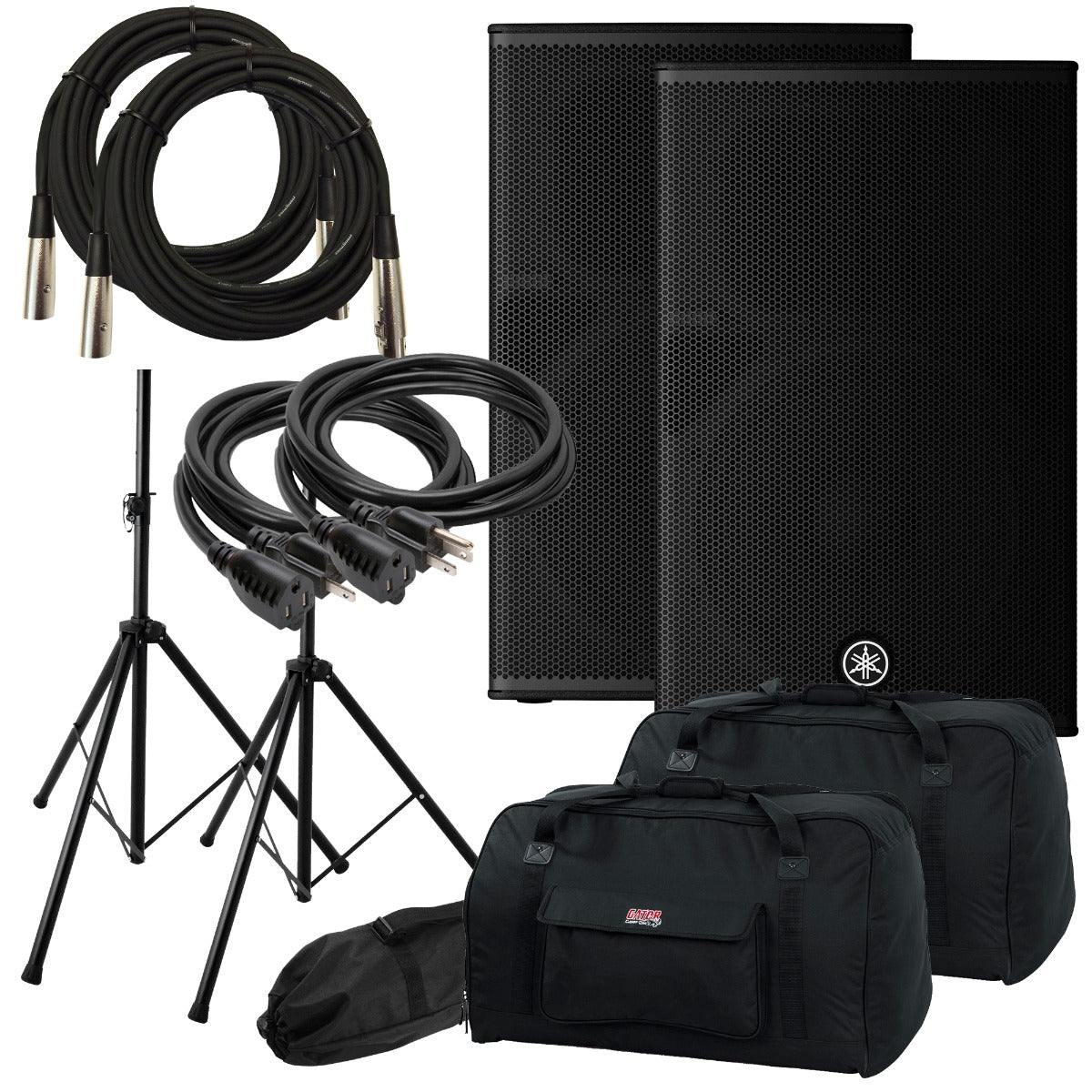 Collage image of the Yamaha DHR15 15" 2-Way Powered Loudspeaker AUDIO ESSENTIALS BUNDLE