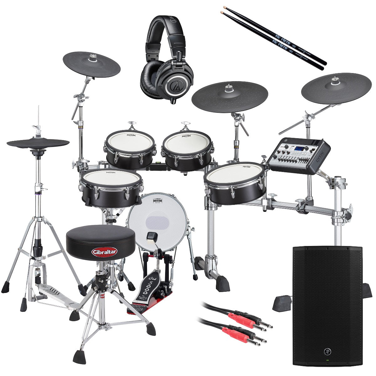 Collage image of the Yamaha DTX10K-X BF Electronic Drum Set - Black Forest COMPLETE DRUM BUNDLE