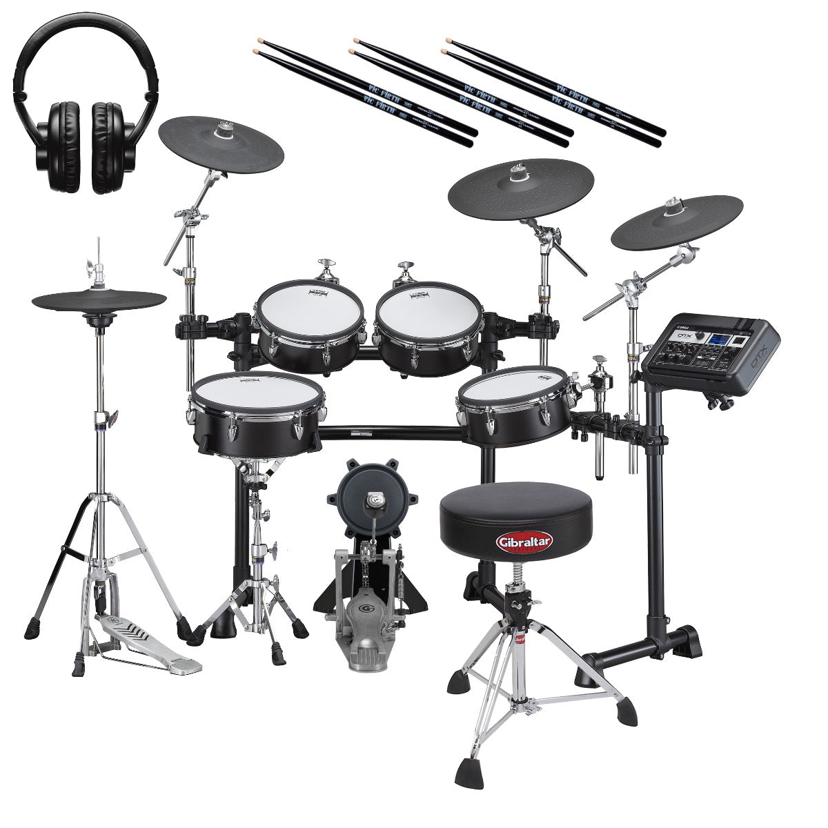 Collage image of the Yamaha DTX8K-M BF Electronic Drum Set - Black Forest DRUM ESSENTIALS BUNDLE