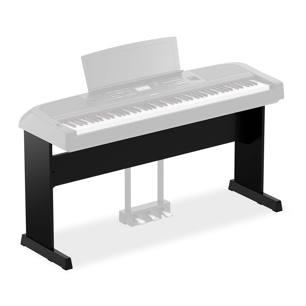 3/4 view of Yamaha L-300 Furniture-Style Piano Stand for DGX-670 - Black with semi-transparent image of Yamaha DGX-670 Portable Grand Digital Piano - Black (sold separately) for reference showing front, top and left side