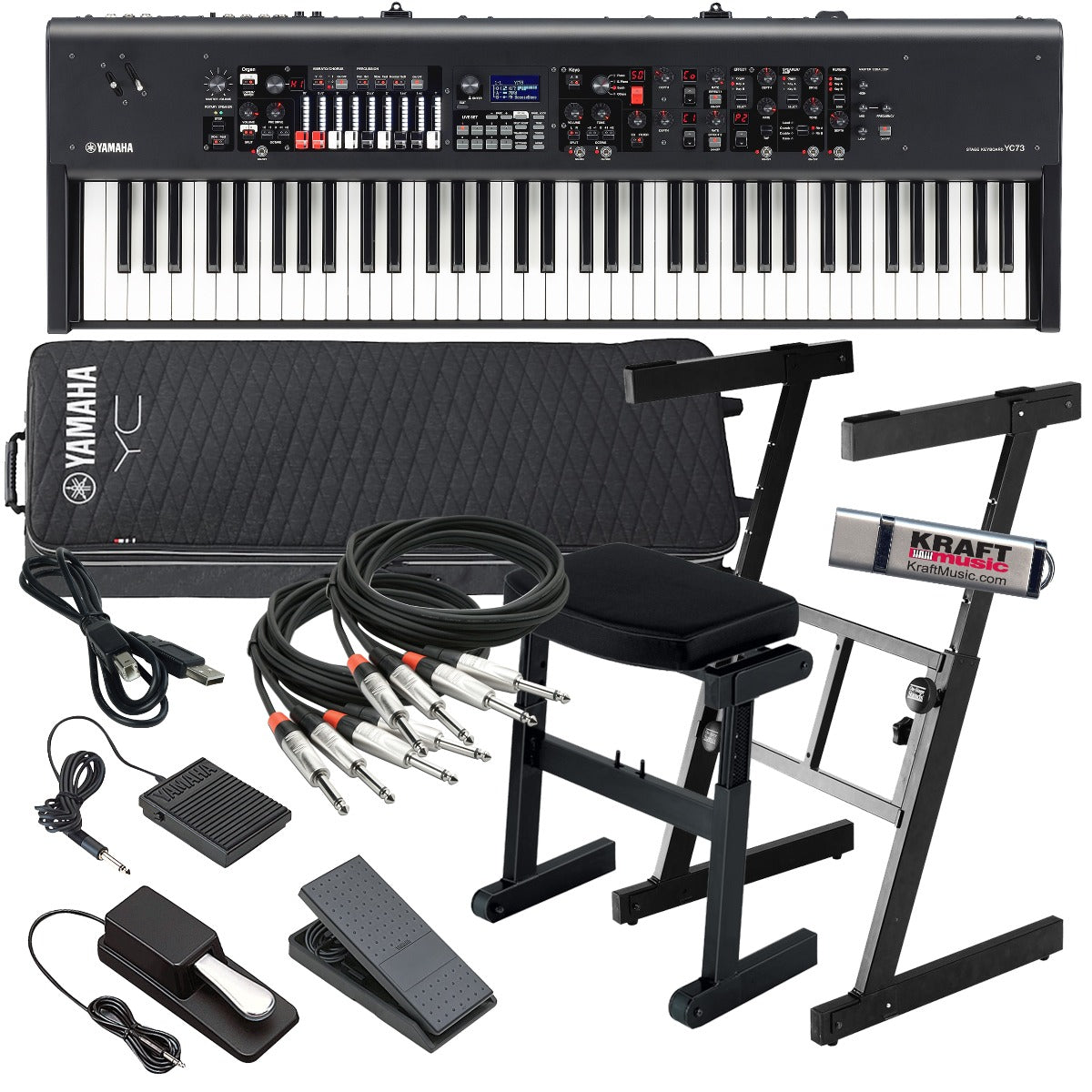 Collage image of the Yamaha YC73 73-Key Stage Keyboard and Organ STAGE RIG bundle